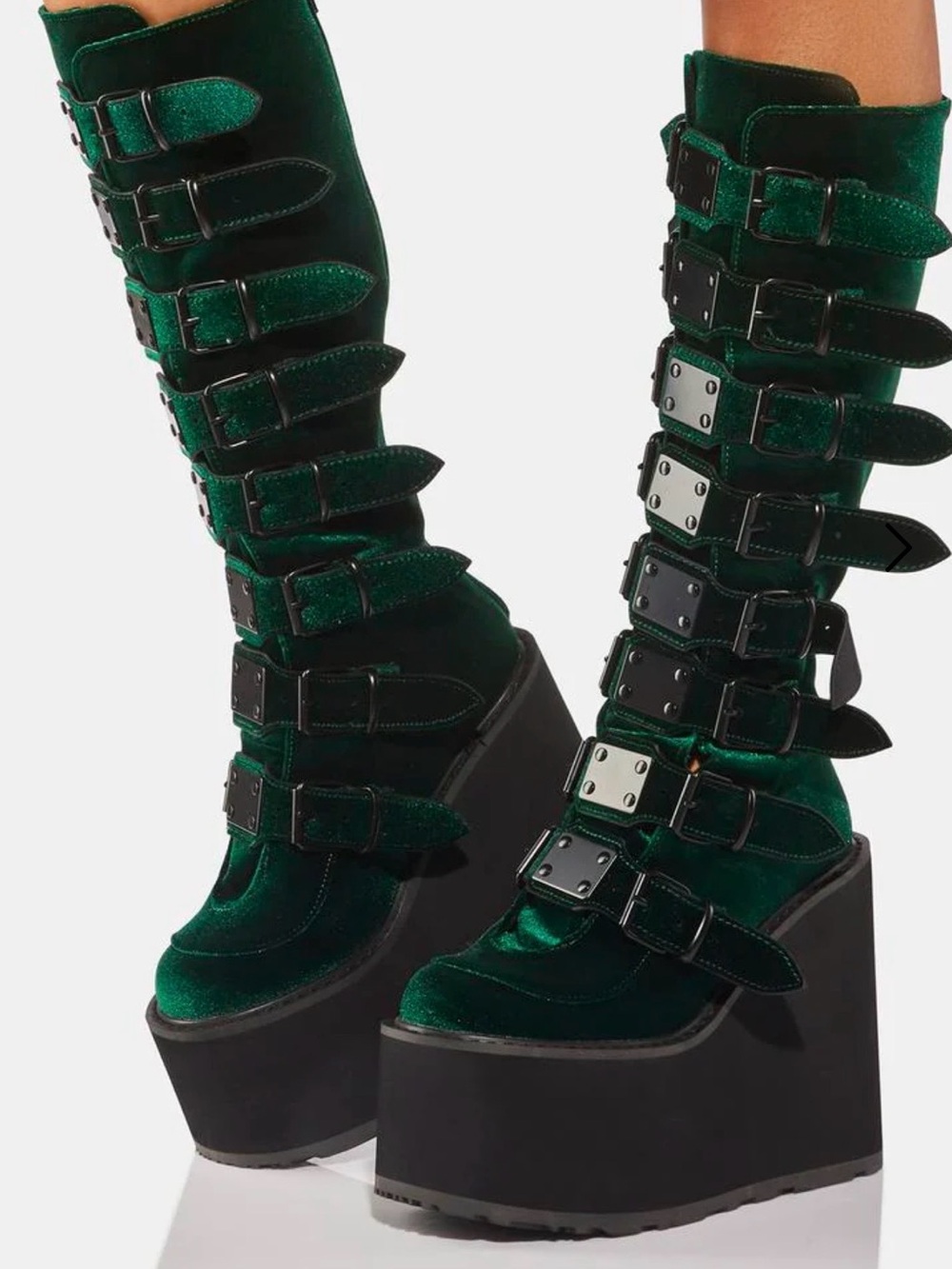 Women's Demonia Emerald Green Velvet Platform Knee-High Boots with Buckles